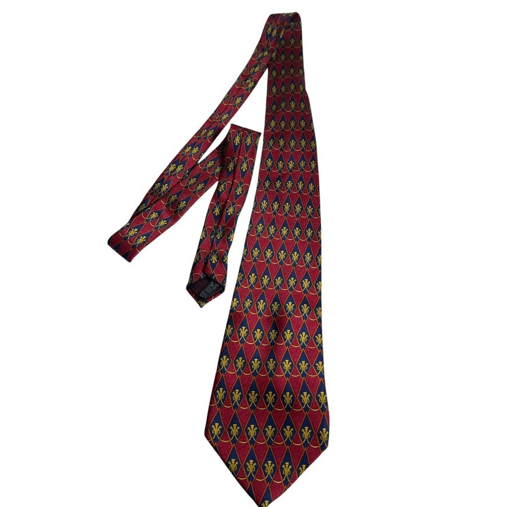LANVIN Paris 100% Silk Tie – Red & Blue Geometric Print Trumpet/Horn Motif - EUC
